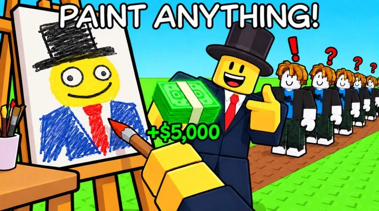Promotional art of a player painting a portrait on an easel while a suited buyer holds a stack of cash and more visitors wait in line.